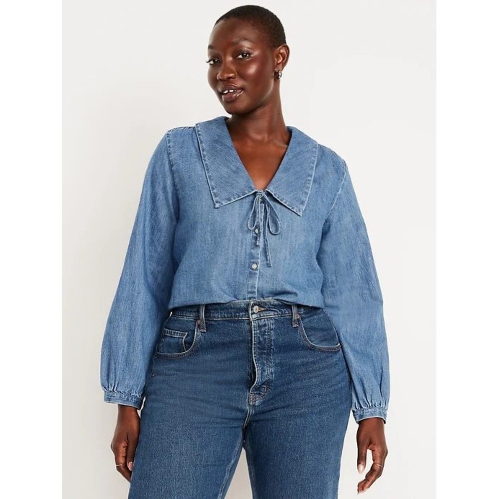 Old Navy Cotton Denim Long-Sleeve Button-Down Cropped Shirt Blue Large